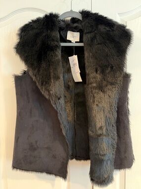 LOFT Black Faux Fur-Trim Suede-Look Sleeveless Vest